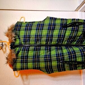 Plaid Green and Blue Vest with Faux Fur Trim